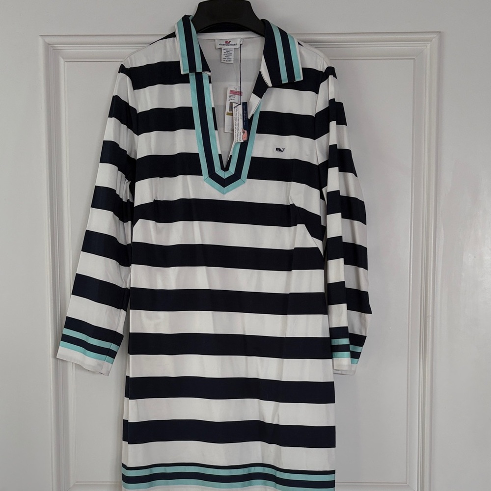 Vineyard Vines Navy and White Striped Dress with Teal Trim
